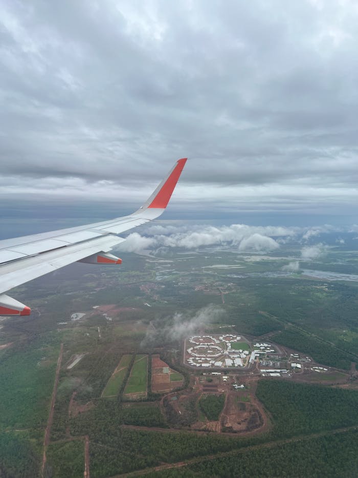 Scenic aerial view of landscape from airplane over Holtze, Australia.